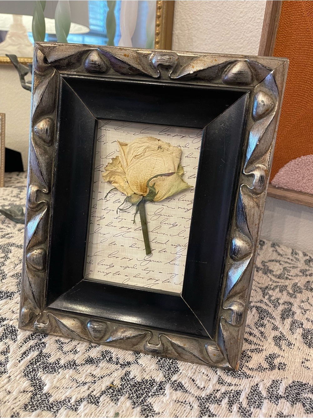 Decorative Black and Silver Photo Frame with Pressed Rose Accent